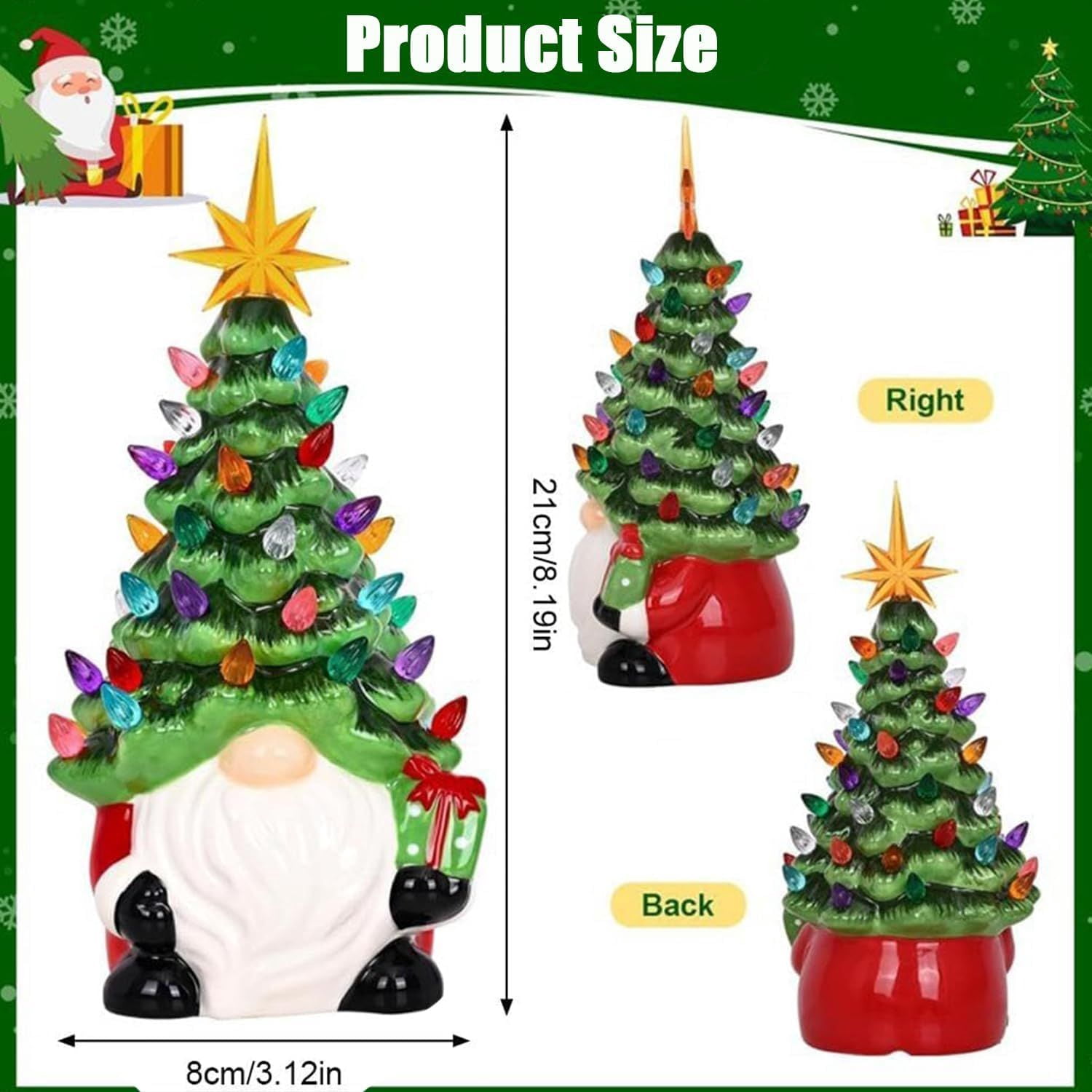 Christmas Gnome Christmas Tree, 8In Mini Ceramic Lighted Christmas Tree, Small Mini Prelit Xmas Holiday Decor for Tabletop Home Room Table Fireplace Office