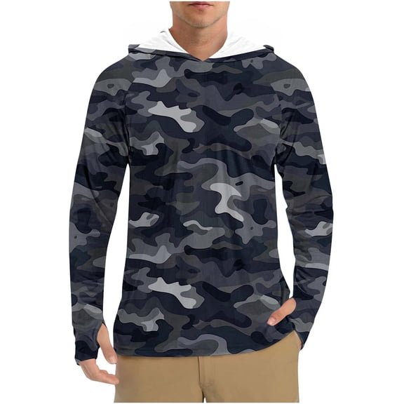 Dagegui Men's Fishing Hoodie Performance UPF 50 Sun Protection Long Sleeve Summer UV Tees with Thumb Holes Shirts Camo Hooded Fishing T-Shirt Black S