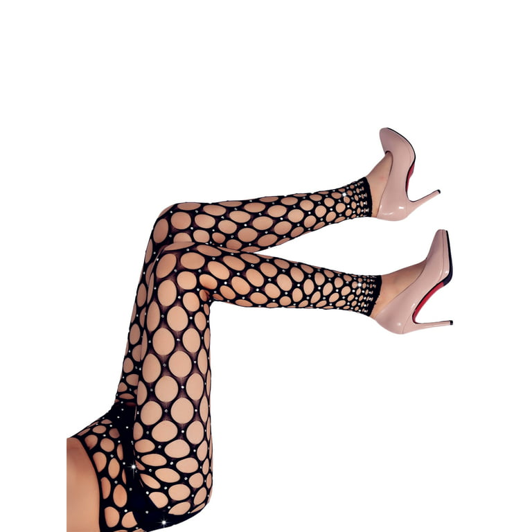 Women Sparkly Rhinestone Fishnet Tights Mesh High Waist Pantyhose Stockings  Crystal Leggings