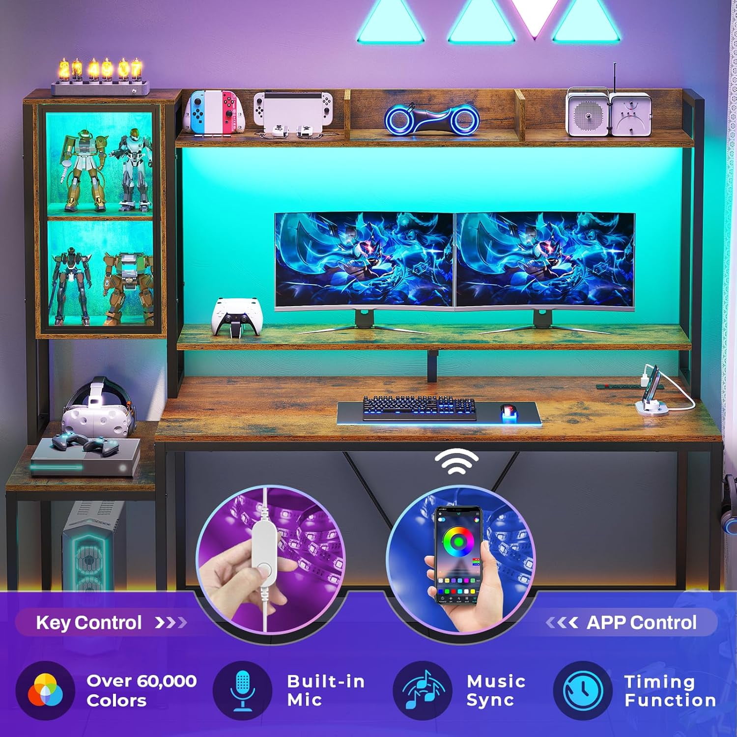 60 Inch Gaming Desk with LED Lights and Power Outlets, Computer Desk with Open Shelves, Large Corner Desk with Monitor Stand, Home Office Desk with Hutch, Rustic Brown