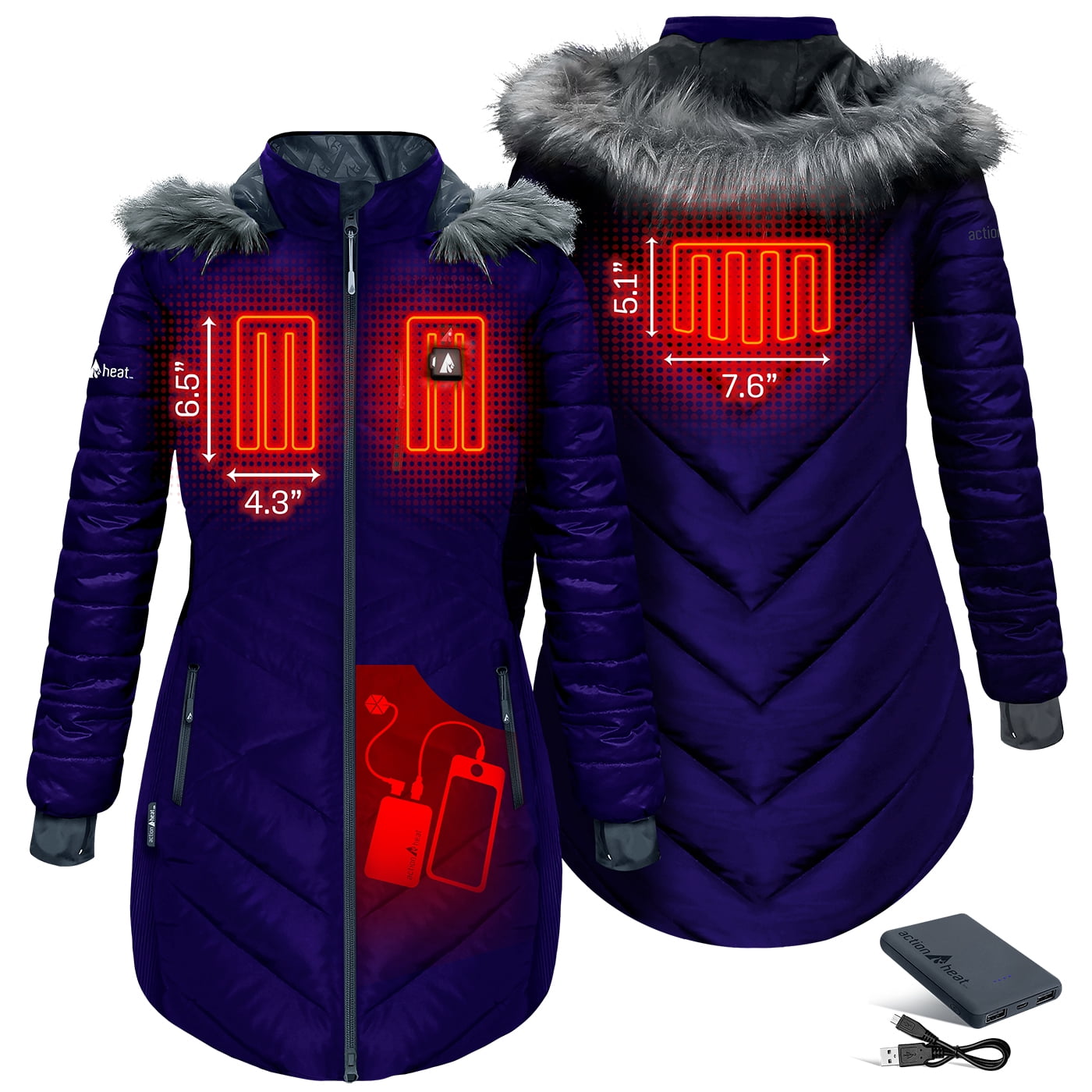 ActionHeat Women's 5V Battery Heated Long Puffer Jacket W/ Fur Hood - Indigo - XS