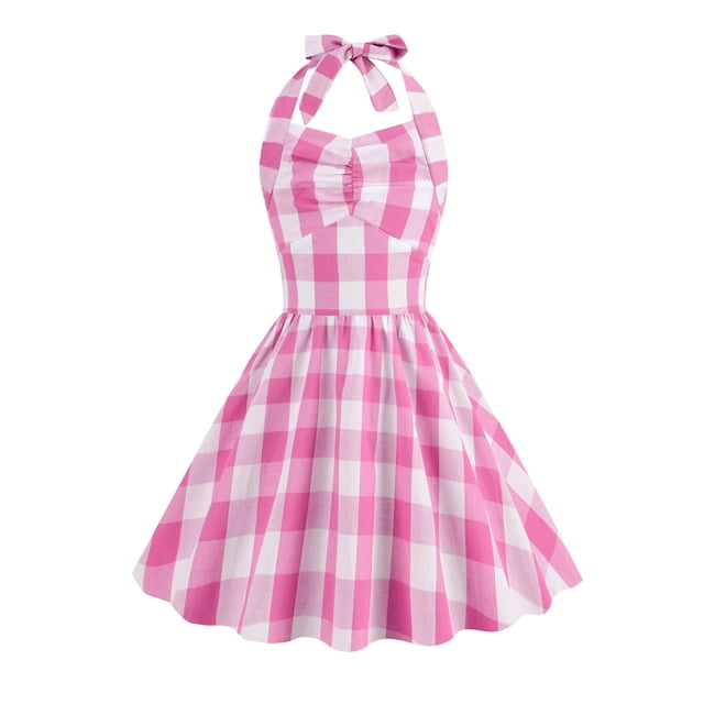ZHUASHUM Robe Fille Mignonne Enfants Couleur Soli Été Sans Manches Col Halter Robe à Carreaux Rose Robe de Soirée Mode Rose, 9-10 Ans