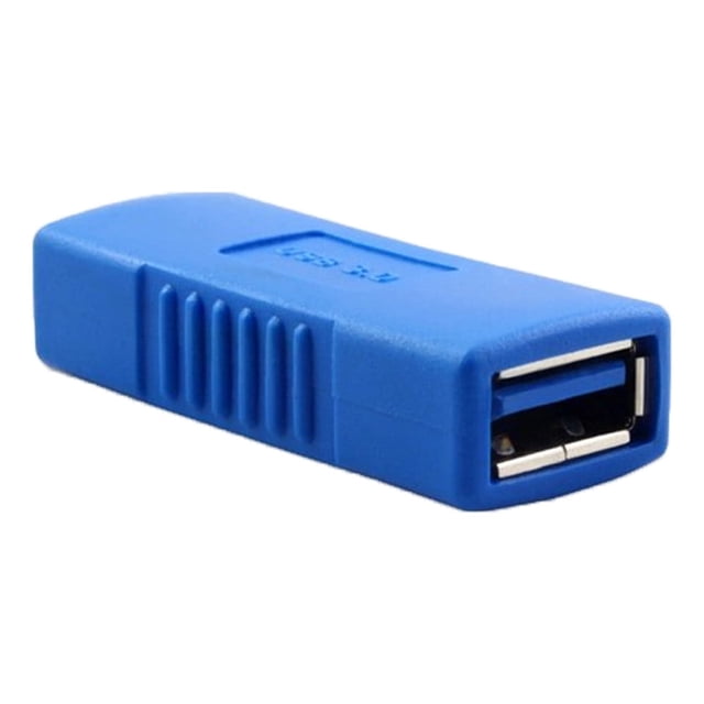 cable hdmi zenmele acoplador hdmi a tipo hembra adaptador usb hembra a conector cambiador 3.0 género adaptador USB hembra azul, vista frontal 3/4 del conector USB-A hembra y carcasa rectangular de plástico con ranuras laterales; accesorio para cambiar género de puertos USB en computadoras y periféricos, también usado para unir cables USB en estaciones de trabajo.