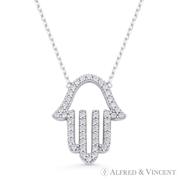 Hamsa Hand Evil Eye Charm CZ Crystal Pendant & Chain Necklace in .925 Sterling Silver