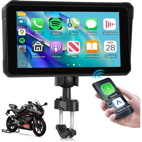 Podofo 6 Inch Motorcycle Carplay Screen, Wireless CarPlay & Android Auto with Design Mount Waterproof Touchscreen Supports GPS Navigation/Bluetooth Transmission