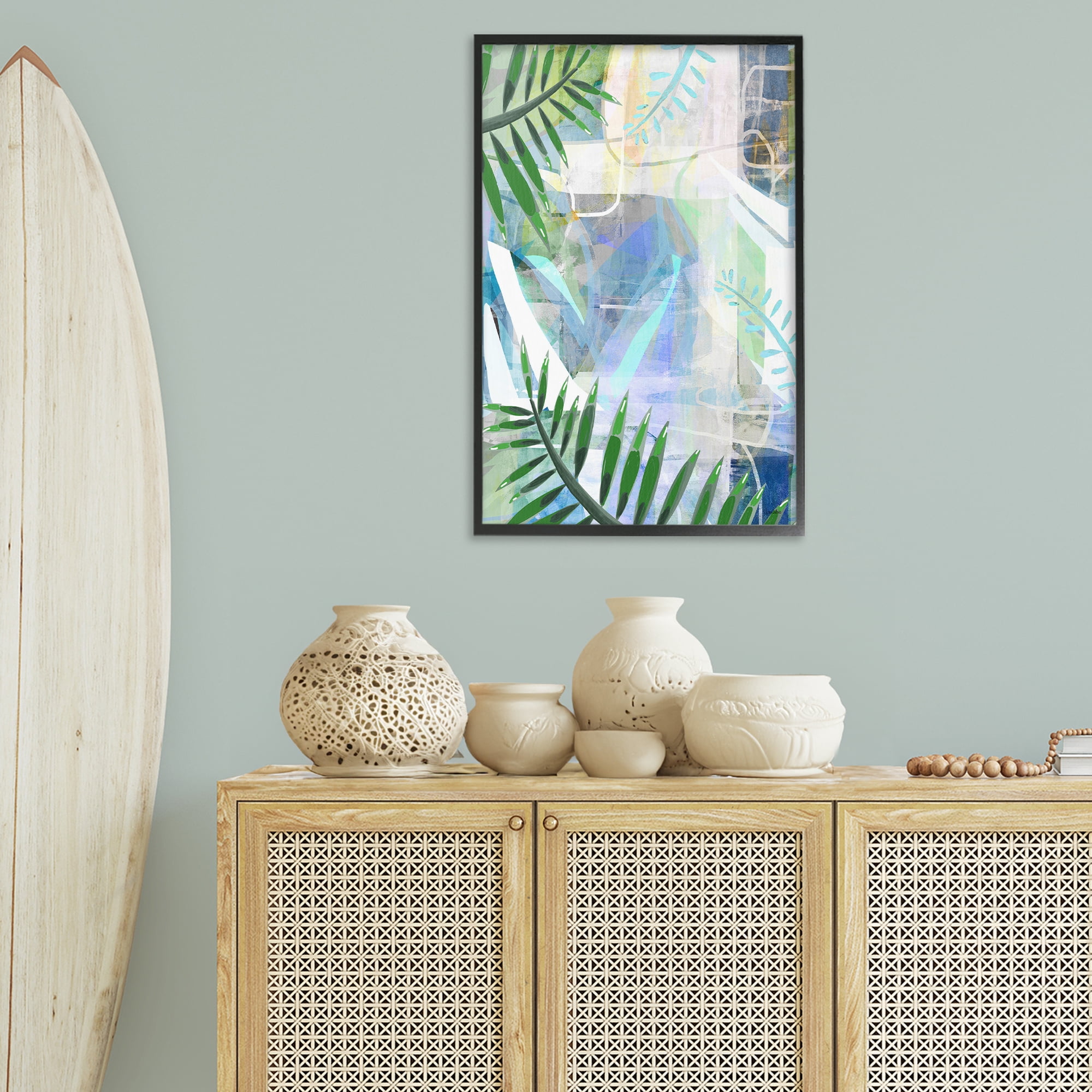 Stupell Industries Geometric Tropical Leaves Coastal Painting Black Framed Art Print Wall Art, 20 x 30