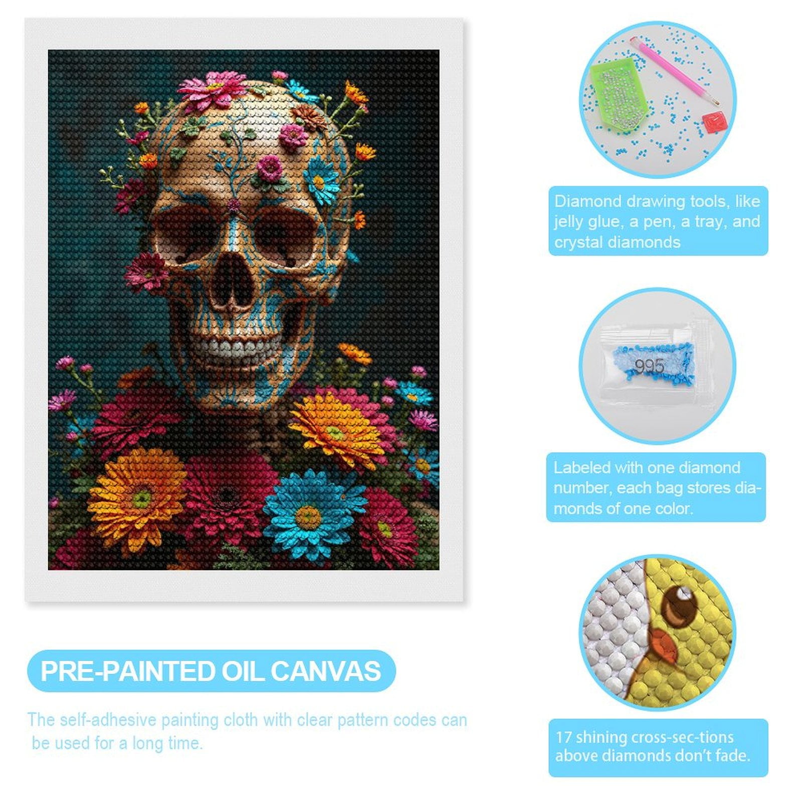 Diamond Art Kits for Adults, Floral Skull Art Vibrant Design 5D Diamond Painting Kits for Adults Beginners, DIY Full Drill Diamond Painting, Gem Art and Crafts 12x16