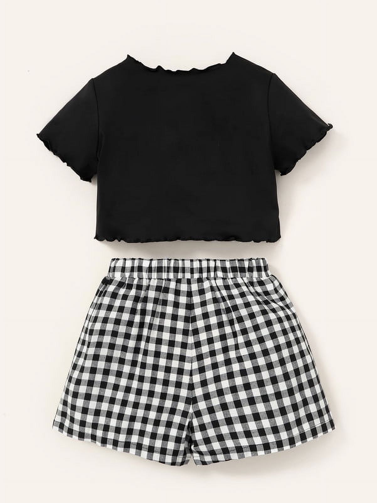 Big Girls Clothes Cute Cat Print 9 Years Kid Girls Casual Summer T-shirt Elastic Plaid Print Shorts 2Pcs Leisure Outfit Black