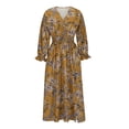 thumbnail image 4 of FAVIPT Dress for Women Elegant Boho Floral Print Dress Long Sleeve Vneck Large Hem Dresses Casual Fashion Summer 2025 Dress Yellow,L, 4 of 6