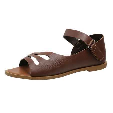

Cathalem Women Sandals Fashionable New Pattern Simple Solid Color Summer Flat Comfortable Hook Loop Convenient Open Toe Sandals Brown 39