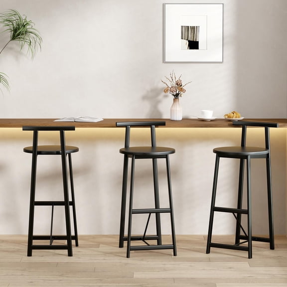 Wooden Round Bar Stools Set of 3 with Footrest 27 Inch Counter Height MDF Seat and Black Metal Frame for Kitchen Island Dining