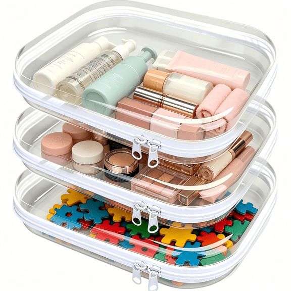 3PCS Clear Hard Plastic Zipper Case, Double Zippers Hard Pouch, Portable Travel Organizer Bin Clear Makeup Bag for Toy Storage, Snack Bag, Cosmetics, Pencil Case, Diaper Bag, Toiletry Bag