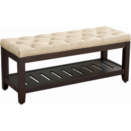 CeXuanTerPU Leather Large Rectangular Ottoman with Storage Upholstered Entryway Bench for Living Room Oversized Button Tufted Ottoman with Wood Shelf Storage Ivory