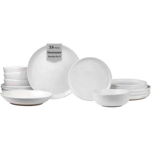 Semi-Matte White Plates and Bowls Sets with Rustic Speckled Glaze, Ceramic Dish Set, Modern Dishes, Microwave & Dishwasher Safe, Kaya | 16-Piece Boho Farmhouse Stoneware Dinnerware Set for 4