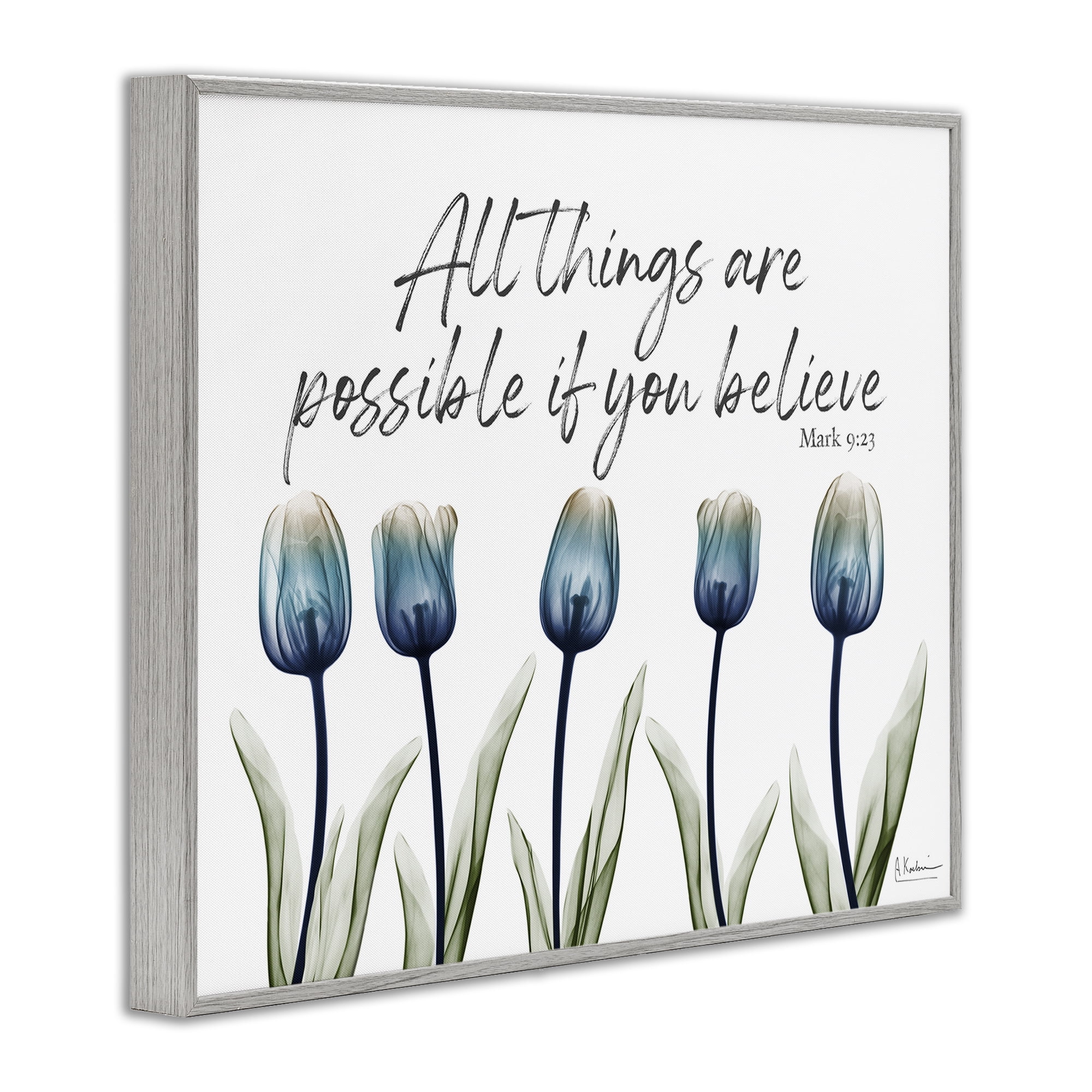 Stupell Industries All Things Possible Tulips Religious Painting Gray Framed Art Print Wall Art, 14 x 11