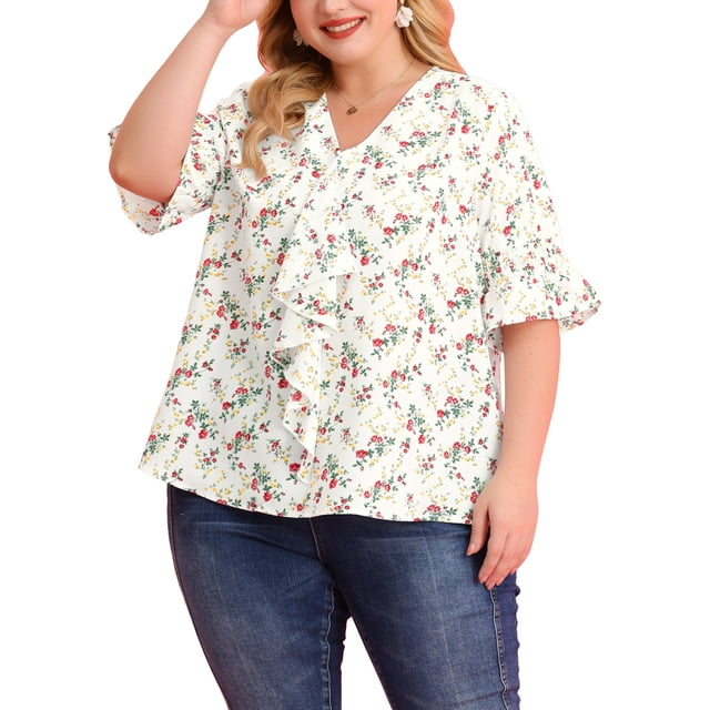 GRACE & GRANDEUR Women's Plus Size Blouse Ruffle Front Smocked Sleeves V Neck Solid Casual Tops 2X White Red