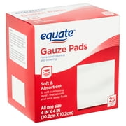 Equate Gauze Pads, Soft and Absorbent Pads, For Wound Cleaning or Covering, 4"x 4", 25 Count