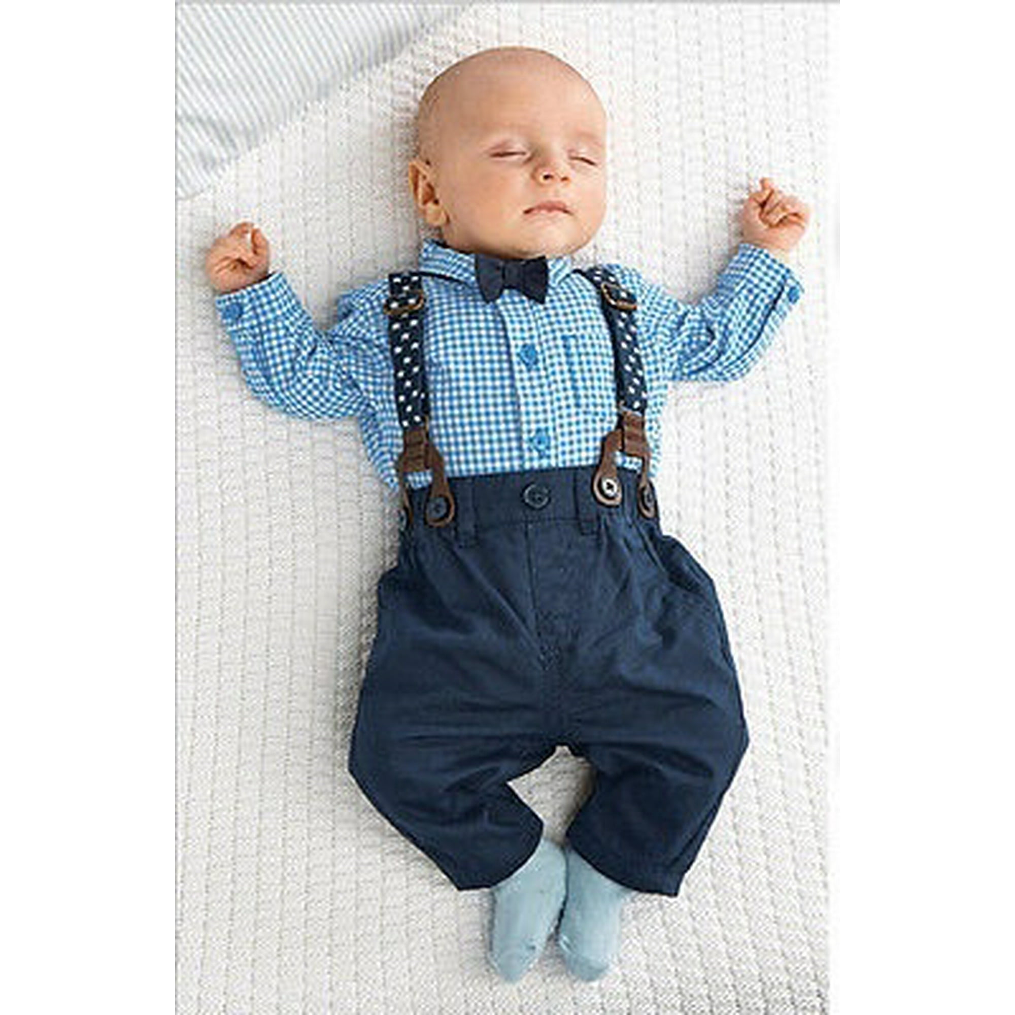 Nituyy Newborn Kids Baby Boy Bow Tie Plaid Shirt Suspender Pants Trousers Outfit Set Other