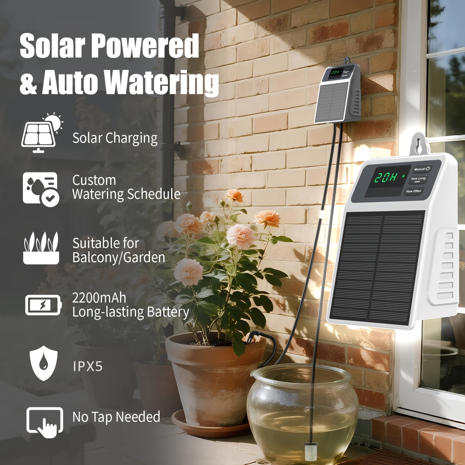 Solar-Powered Automatic Drip Irrigation System, 2200mAh Battery with Type-C Charging, DIY Garden Watering Kit with 10m Tubing, 10 Drippers, for Balcony, Yard, Indoor & Outdoor Plants