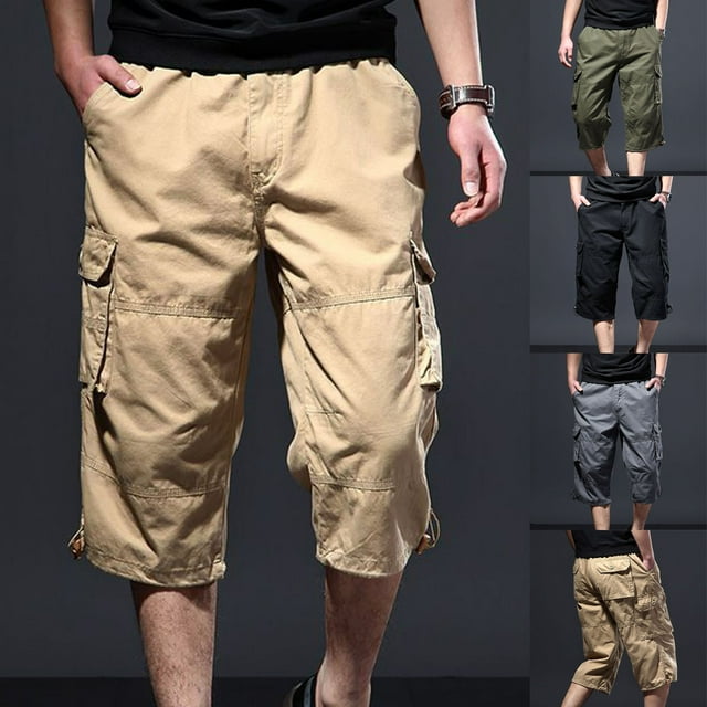 Styesk Men's Pants Men's Summer Solid Color Multi Pocket Workwear With Elastic Waist Button Fashion Shorts