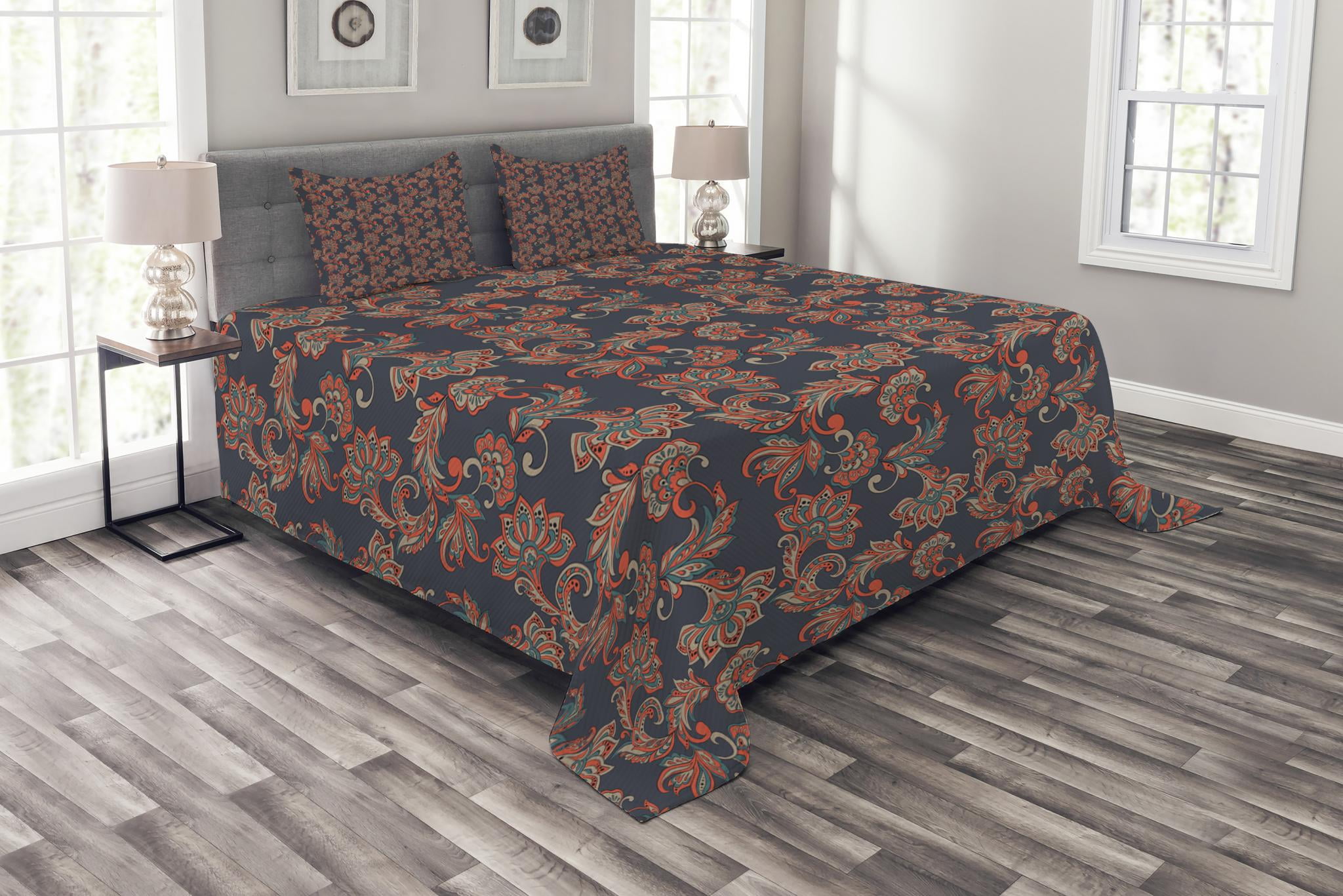Ethnic Bedspread Set, Ethnic Oriental Image with Floral Swirls and
