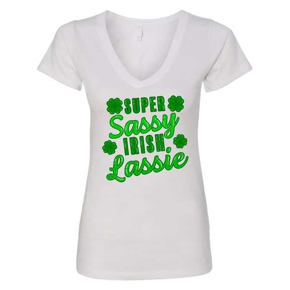 Inktastic Super Sassy Irish Lassy with Green 4 Leaf Clovers Women's V-Neck T-Shirt