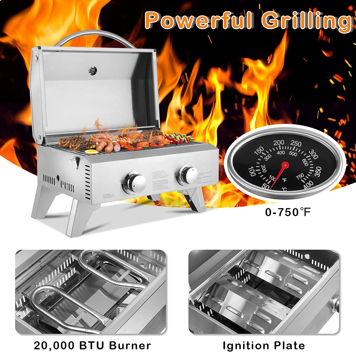 ROVSUN Extra Large 20,000 BTU Portable Gas Grill, 2 Burner Tabletop Propane Griddle with Foldable Legs, Regulator & Full Stainless Steel for Home Outdoor Picnic Camping Trip, Patio Garden BBQ - image 3 of 9