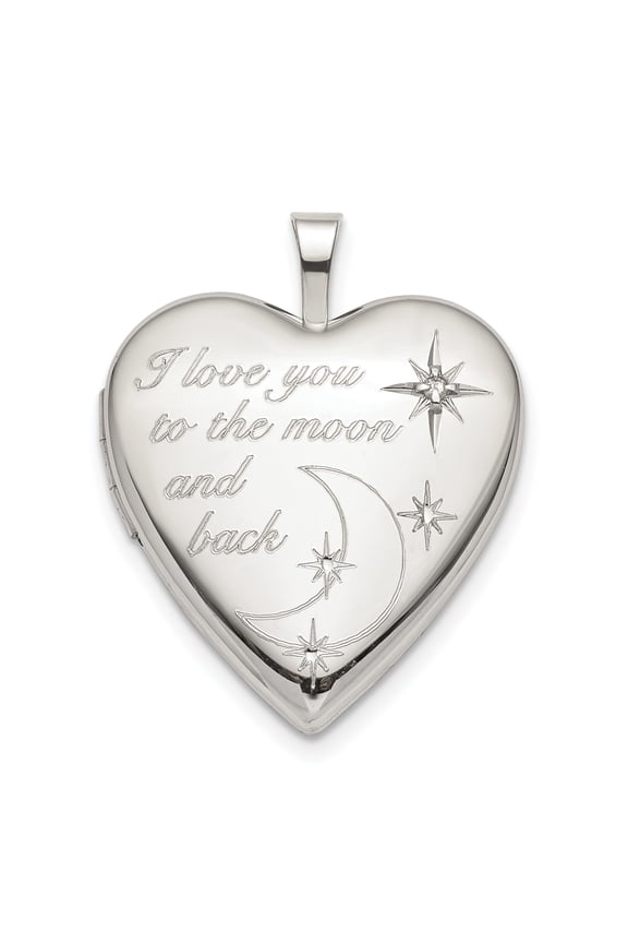 Sterling Silver Rhod-pltd 20mm LOVE TO THE MOON Diamond Heart Locket Charm Pendant