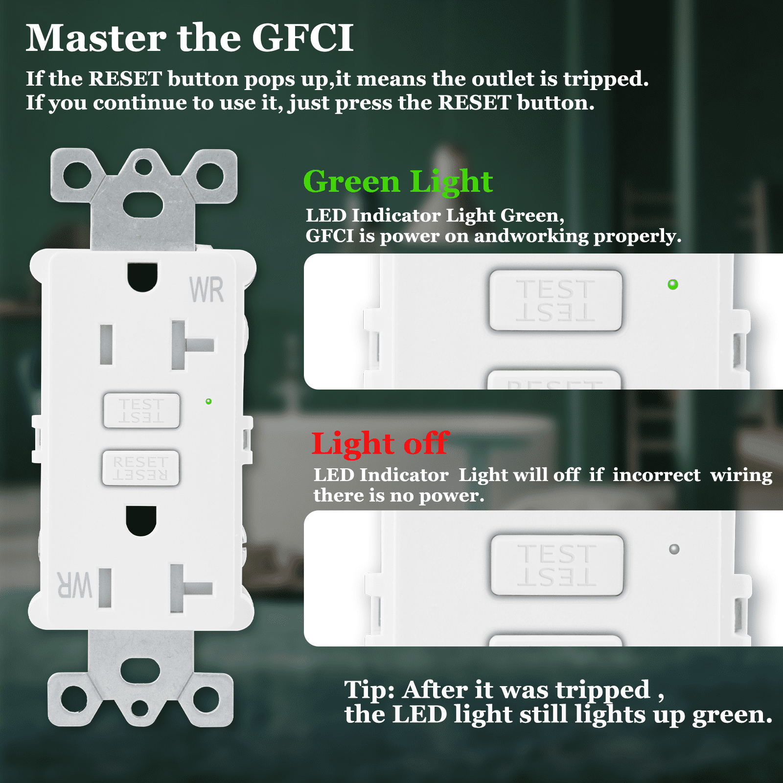 Slim GFCI Outlet 20 Amp,White GFCI Outlet Weather Resistant,GFCI Thin Outlets Receptacle with LED Indicator,125 Volt,ETL Certified,Wallplate and Screws Included,White 2PK