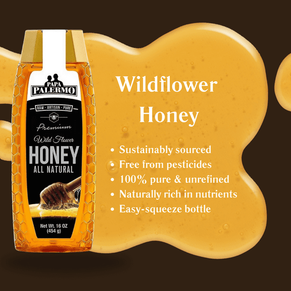 Papa Palermo Wildflower Honey, All-Natural, Gourmet Raw Honeycomb, No Additives, No Preservatives - 16 oz