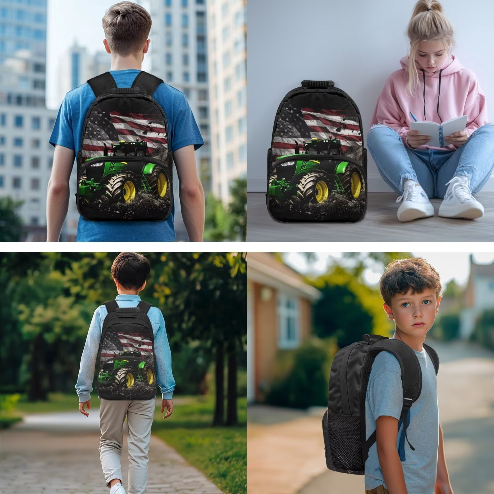 XYZCANDO Tractor 5 Piece Kids Backpack Set with Lunch Box Pencil Case 2 Pcs Bookmark Large Capacity Flag Bookbag for Kids Teens Toddler