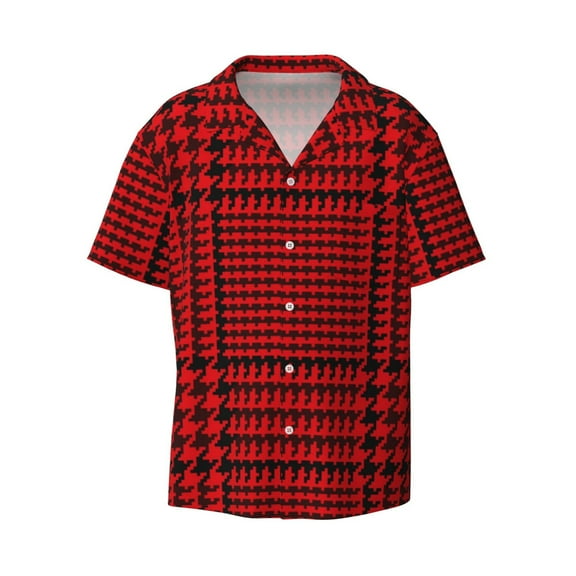 Xecao offers the Red Black Houndstooth for Men's Casual Short-sleeved Shirt, a button-up collared shirt with a pocket, perfect for beach vacations and yacht travel in the Small size.