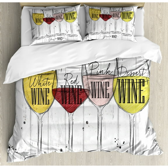 Wine Duvet Cover Set Queen Size, Four Main Types of Wine with Their Names Glasses Vintage Rustic Wood Backdrop Drawing, Decorative 3 Piece Bedding Set with 2 Pillow Shams, Multicolor, by Ambesonne