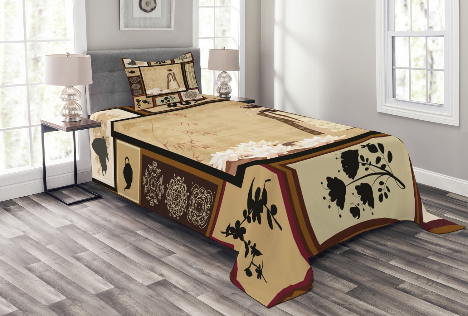 Japanese Bedspread Set Twin Size, Girl in Traditional Dress and