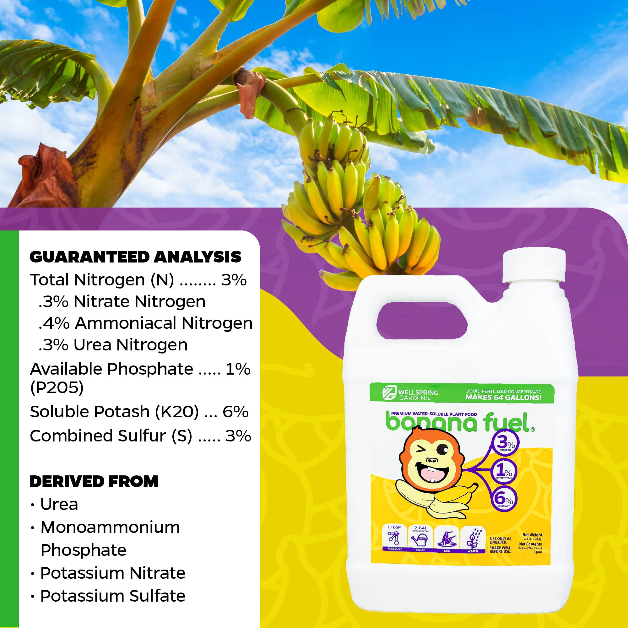 Banana Fuel Liquid Fertilizer by Wellspring Gardens - Plant Fertilizer Concentrate - Plant Food - Formula for Banana Trees & Plants - Grow Healthy and Happy Plants - 32 fl oz