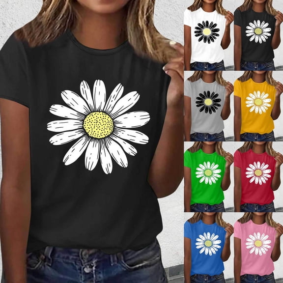 VOUZZA Womens Daisy Floral Graphic T-Shirt Crewneck Short Sleeve Regular Fit Tunic Vintage Casual Summer Tee