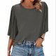 thumbnail image 4 of Camisa de Manga Corta de Botón de Mujer Blusa de Gasa de Color Sólido con Mangas Plisadas Y Cuello Redondo, Diseño de Botón Trasero de Moda para el Uso Diario, 4 of 9