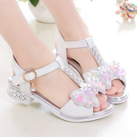 

8QIDA Girls Sandals Size 6 Children Shoes Fashion Thick Soles with Diamond Sandals Summer Open Toe Student Dance Shoes 33