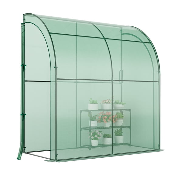 Patiojoy Lean-To Walk-In Greenhouse with Flower Rack 7’ x 3.5’ x 7’ Wall Green House with Roll-Up Doors Waterproof PE Cover & Metal Frame
