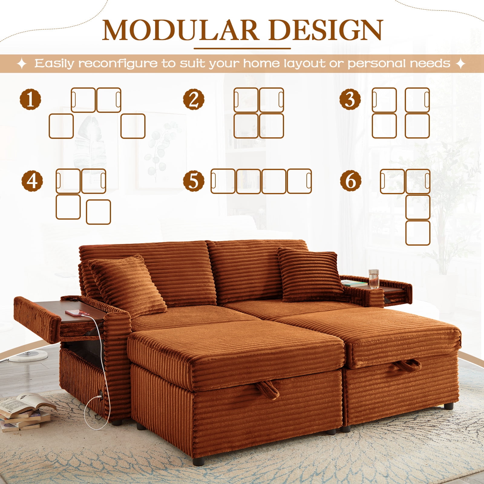 Muumblus Loveseat Sectional Sofa with 2 Storage Ottomans, Modular Cloud Couch with 2 Side Tables & USB, Plush Double Chaise Lounge Sofa Bed Indoor, Orange Corduroy