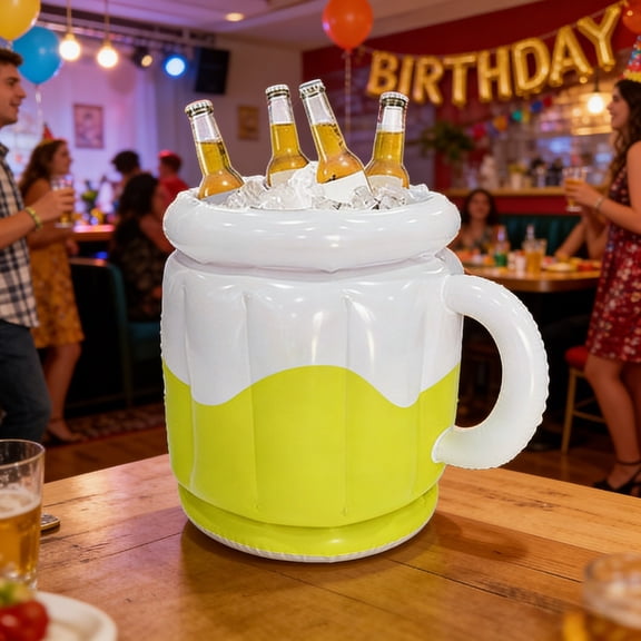 Inflatable Beer Mug Shaped Ice Tub Leak-Proof Insulated Cooler For Pool Parties, Beach Gatherings & Summer Events(Yellow-41Cm)