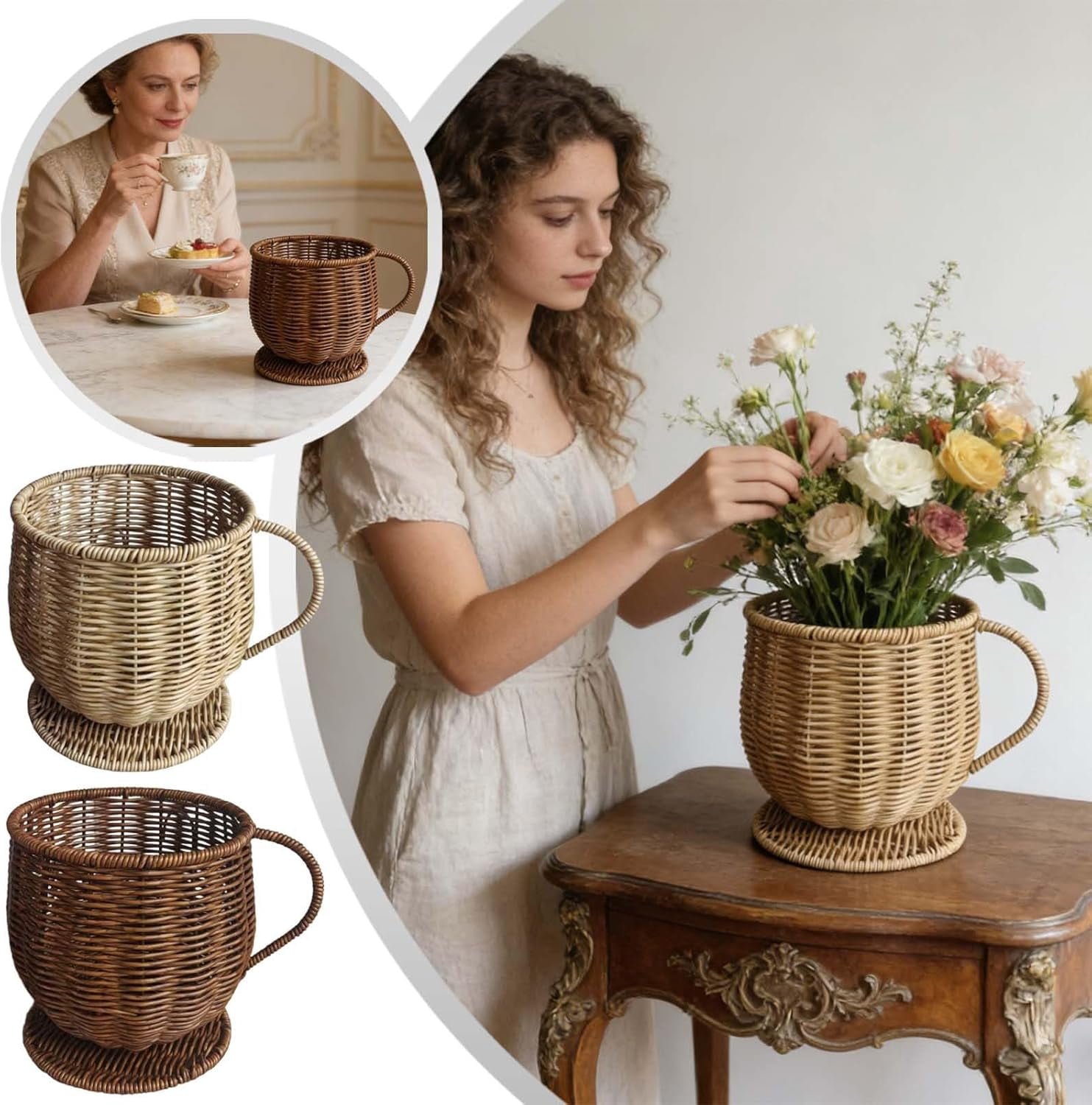 Wicker Coffee Cup Shape Storage Basket, Handwoven Woven Organizer for Fruit Bread, Rattan Creative Farmhouse Fruit Bowl, Multi-Purpose Container for Kitchen Countertop (Coffee)