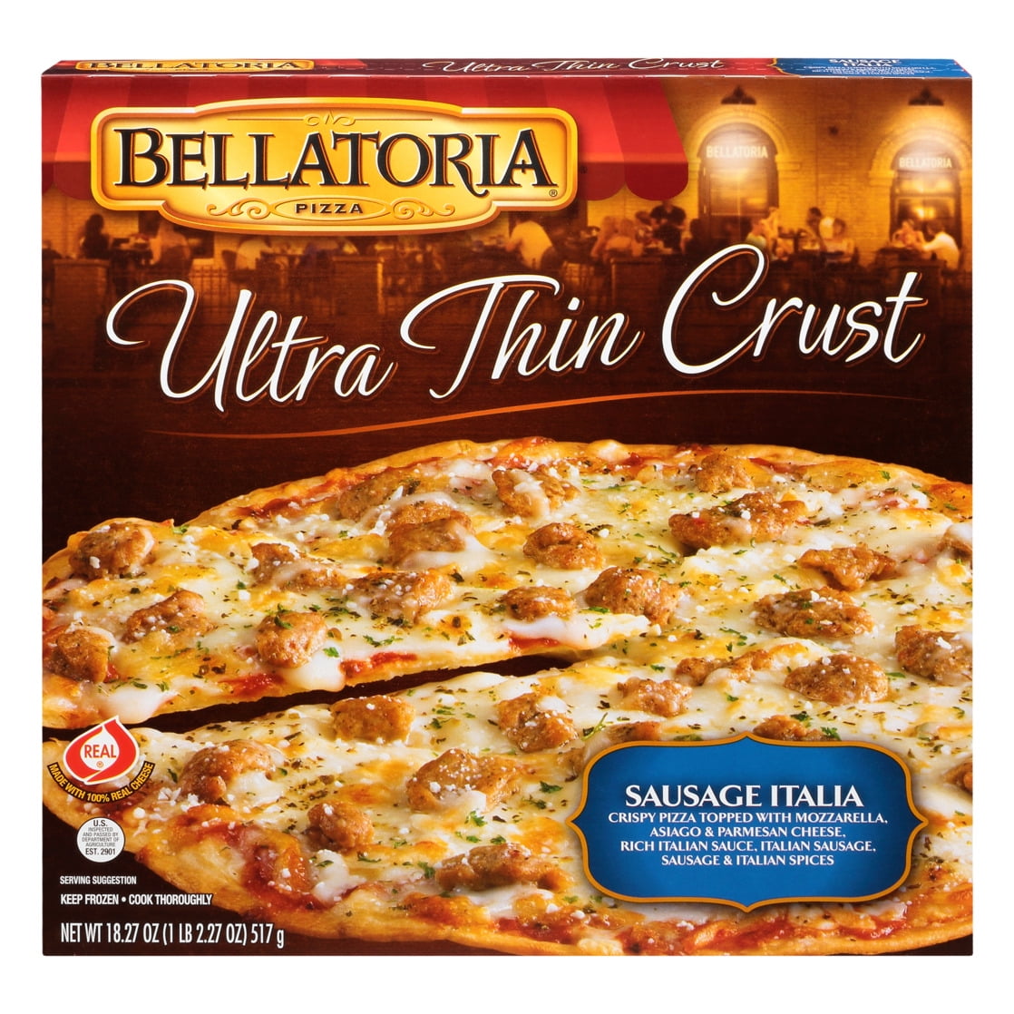 Bellatoria Sausage Italia Pizza, Ultra Thin Crust, 18.27 oz, Frozen, Contains Wheat, Milk, Soy