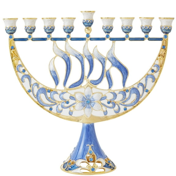 Matashi Hand Painted Enamel Menorah Candelabra with a Flower and Hanukkah Design and Embellished with Gold Accents and High Quality Crystals