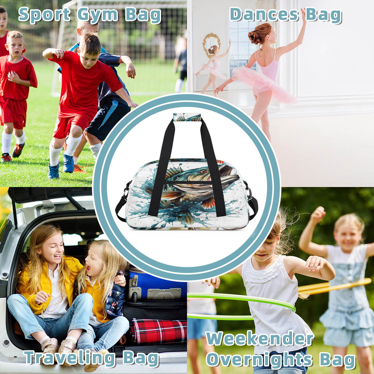 Herdesigns Funny Fish Sports Duffle Bag for Women & Men, Bass Fish Gym Bag Dance Bag Overnight Bag Carry On Weekender Travel Bag