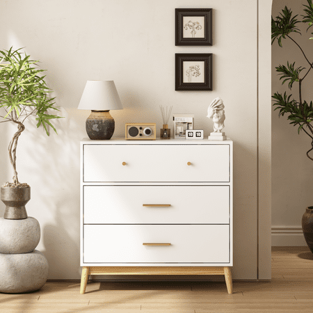 YINGYUE Nordic Style 3-Drawer White Storage Chest with Rose Gold Drawer Pulls and Solid Wood Base Small Space Organizer Cabinet for Office Kids Bedroom Baby Nursery