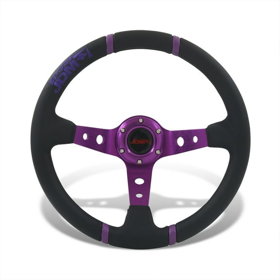AJP Distributors Universal 350mm 14" Steering Wheel 6 Bolts Holes Black PVC Leather 4 Purple Pin Stripe Light Weight Aluminum 3 Spoke Center Deep Dish Horn Button Grip Stance JDM