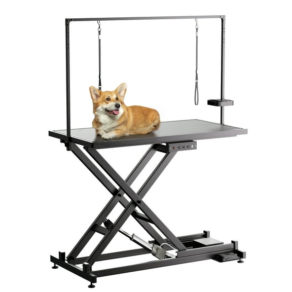 Professional Electric Dog Grooming Table - 50" Black, Height Adjustable Pet Table w/ Arm, Anti-Slip Surface, & Tool Organizer for Home & Salon Use.
