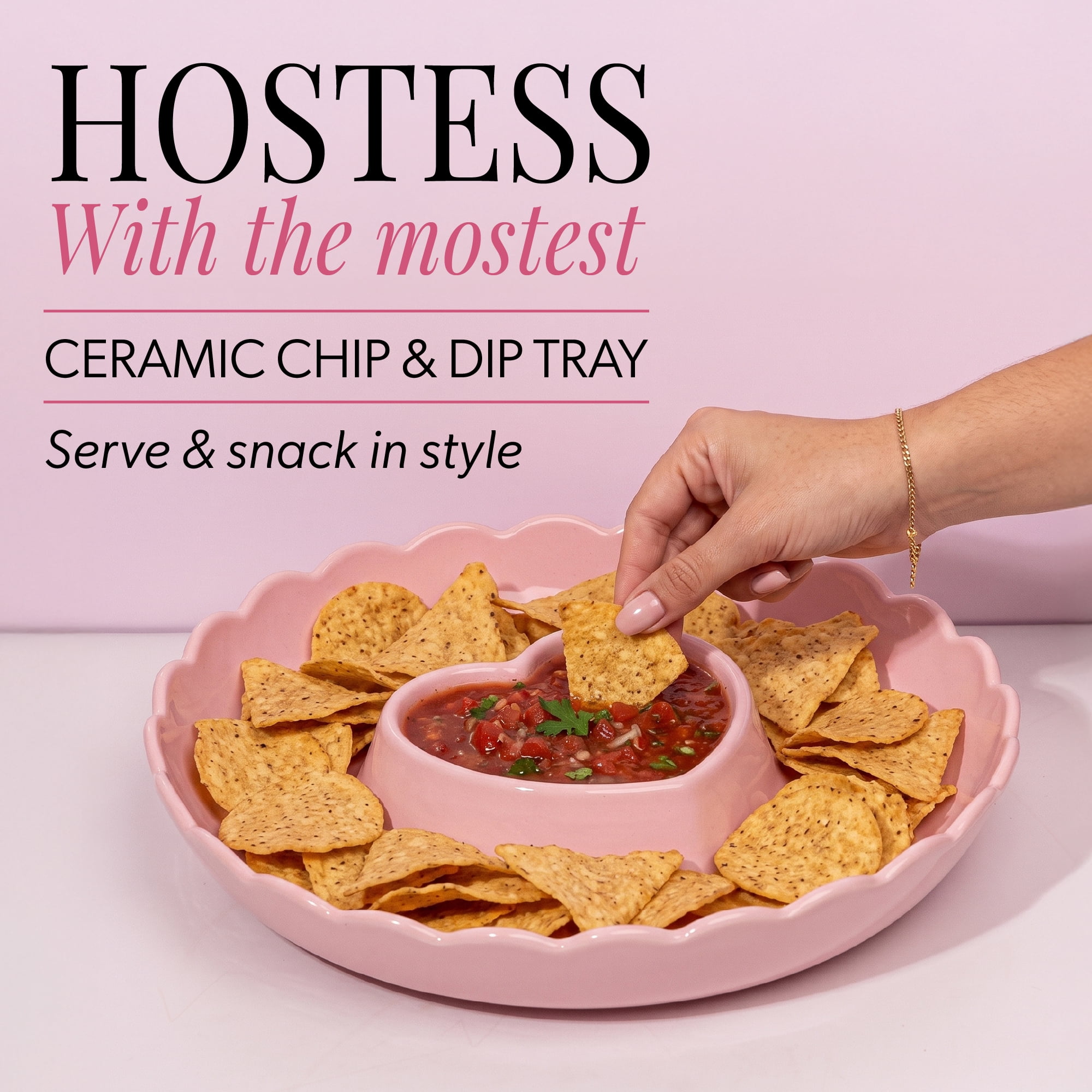 Paris Hilton Ceramic Stoneware Chip and Dip Serving Tray, 12-Inch, Scalloped Rim, Microwave and Dishwasher Safe, London Pink