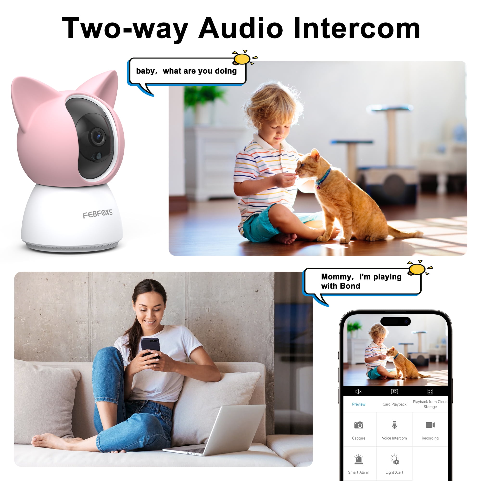 FEBFOXS 2K Baby Monitor, 5G/2.4G Wifi Indoor Security Camera, 360°Pan/Tilt Baby Monitor with Camera and Audio, Night Vision, 2-Way Audio